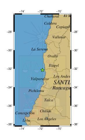 Referencia geográfica del sismo a 25 km al O de Pichidangui.