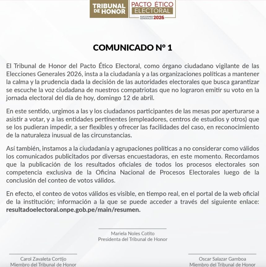 Tribunal de Honor del Pacto Ético Electoral pide a ciudadanos y organizaciones políticas mantener la calma y la prudencia tras inconvenientes en elecciones