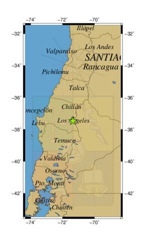 Referencia geográfica del sismo a 33 km al SE de Antuco.