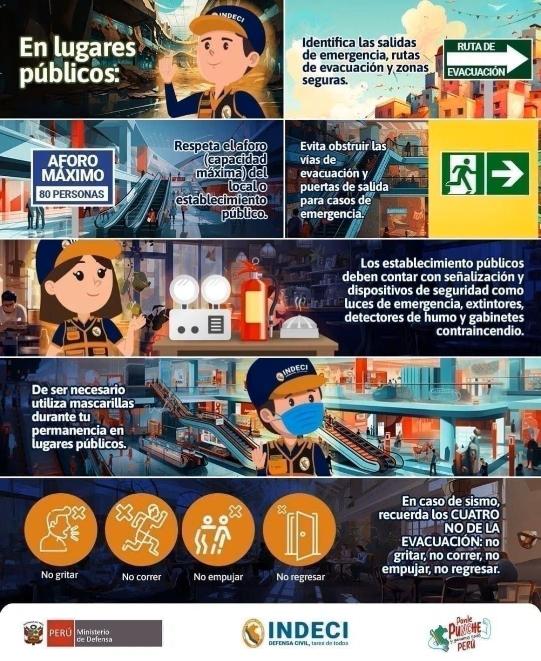 Identifica rutas de evacuación, respeta el aforo, evita bloquear salidas y reconoce los dispositivos de seguridad.