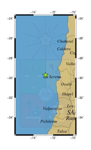 Referencia geográfica del sismo a 138 km al O de Punta de Choros.