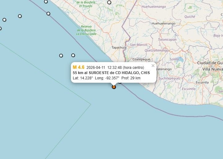 Referencia del sismo a 55 km al SUROESTE de CD HIDALGO.