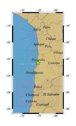 Referencia geográfica del sismo a 44 km al S de Tocopilla.
