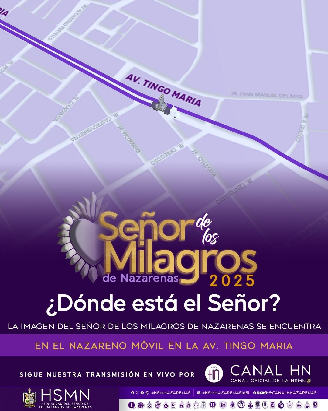 La imagen del Señor de los Milagros se encuentra en la Plaza de la Bandera y continúa su recorrido en dirección a la avenida Tingo María, como parte de su trayecto de regreso hacia el centro de Lima.
