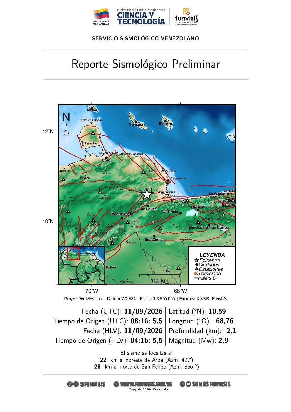 Sismo a 22 km al noreste de Aroa
