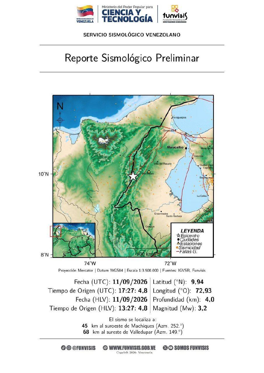 Sismo a 45 km al suroeste de Machiques