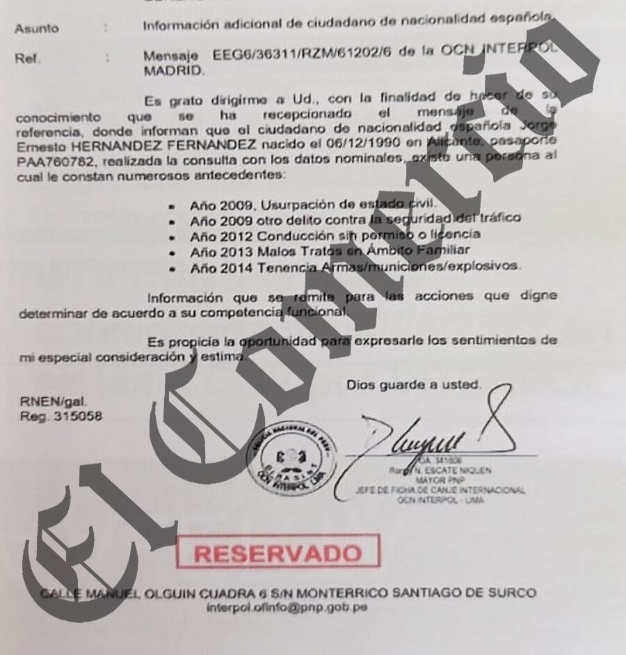 Documento de Interpol - Perú reportó los antecedentes policiales en España de Jorge Hernández, alias 'El Español'.