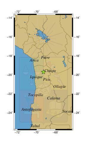Referencia geográfica del sismo a 47 km al S de Camiña.