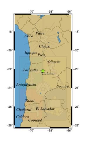 Referencia geográfica del sismo a 35 km al NE de Calama.