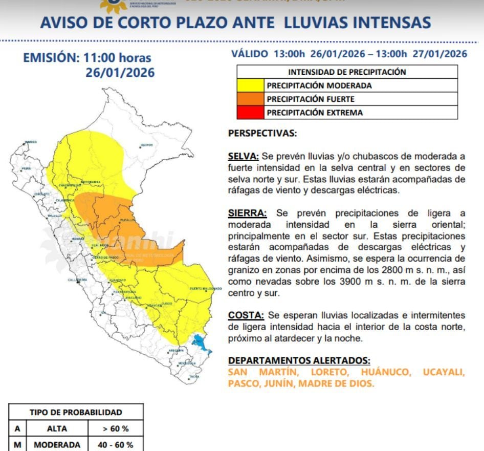 Según informa el Senamhi en su aviso de corto plazo, diversas provincias de los departamentos de Huánuco, Junín, Loreto, Madre de Dios, Pasco, San Martín y Ucayali presentarían lluvias intensas (nivel naranja) hasta el martes 27 de enero.