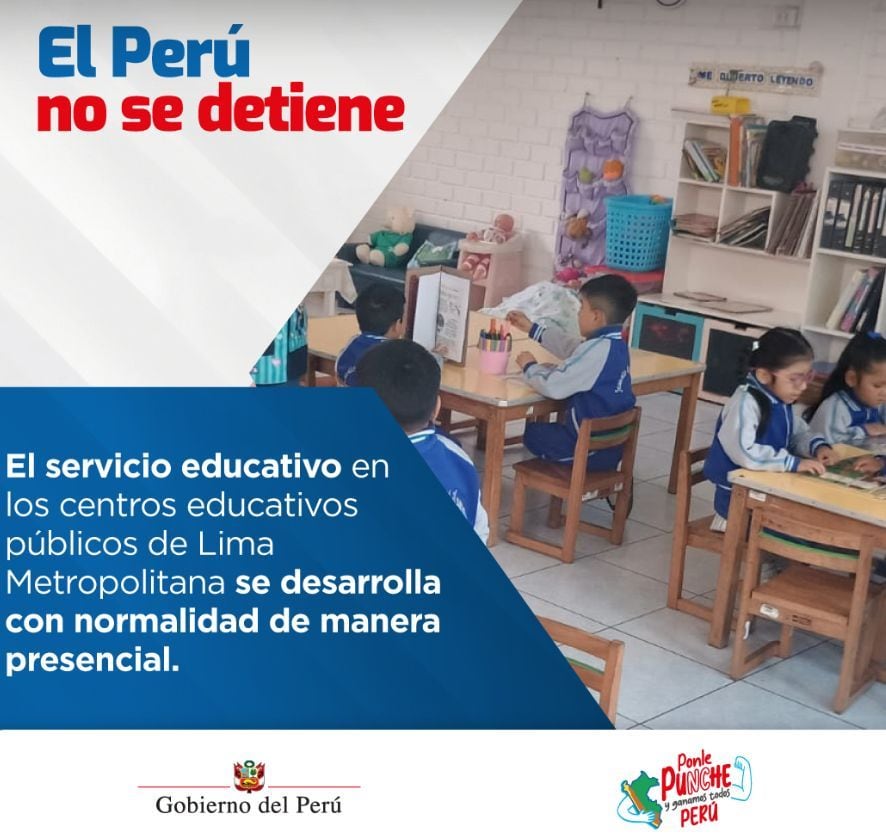 El Ministerio de Educación informó que las clases escolares en los centros educativos públicos de Lima Metropolitana se desarrollan con normalidad y de manera presencial.