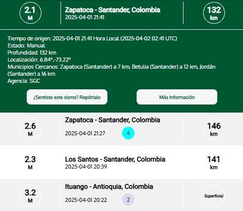 Reportes de los últimos sismos: