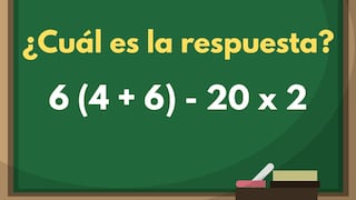 Este ejercicio puede ser resuelto por una mente rápida: ¿Cuánto es 6 (4 + 6) - 20 x 2?