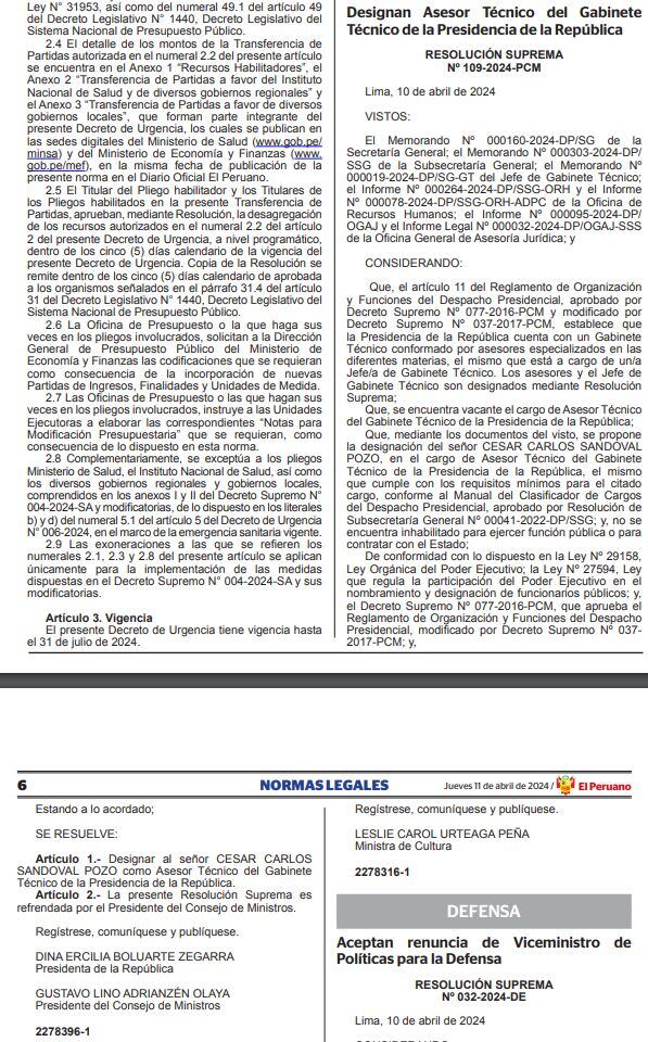 César Sandoval Pozo, nuevo asesor técnico de Dina Boluarte.