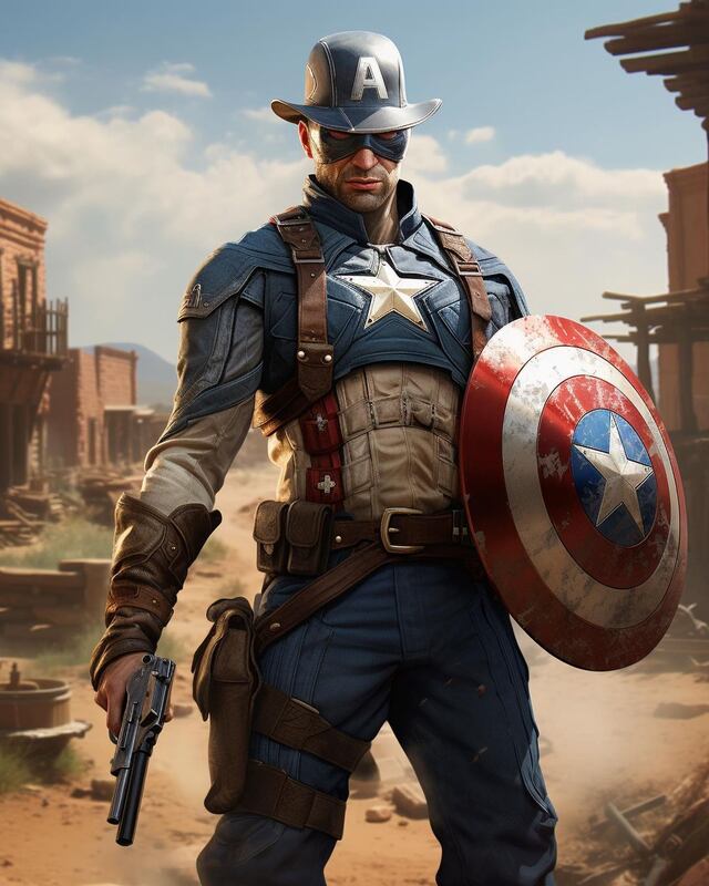 El Capitán América aparece con su traje de la primera película y, en ocasiones, con su escudo. Sin embargo, su casco se convierte en un sombrero. | (Foto: Midjourney/@midjourneyhero)