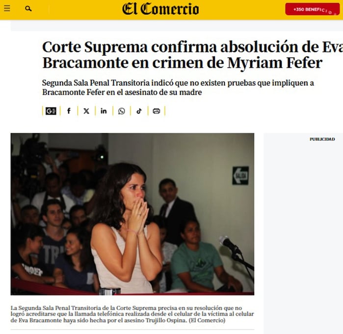 Captura de la web de El Comercio, el día que la Corte Suprema liberó a Eva Bracamonte Fefer y archivo su caso. (Foto: Archivo El Comercio)