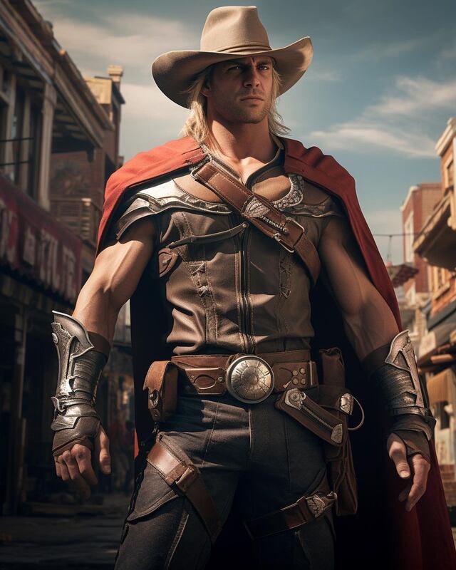 Thor aparece con su capa característica y un sombrero vaquero. | (Foto: Midjourney/@midjourneyhero)