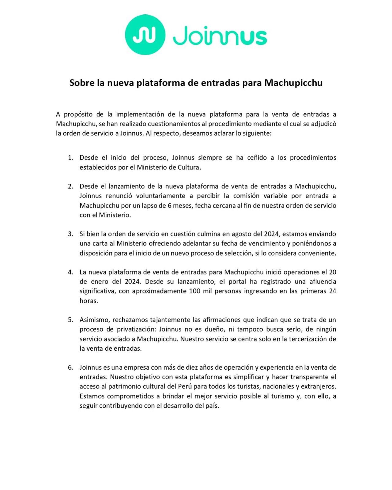 Pronunciamiento de Joinnus. (Foto: Difusión)