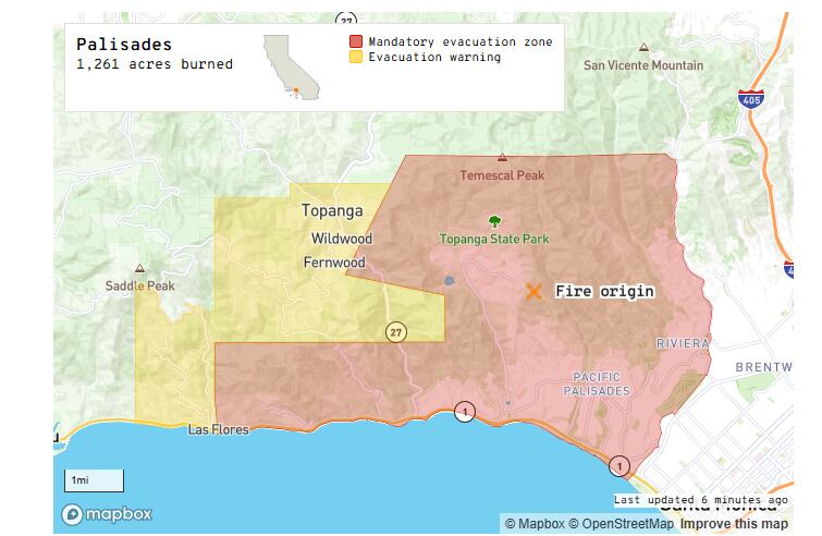 El incendio, que comenzó alrededor de las 10:30 a. m., ha dañado varias casas y ha obligado a miles de personas a evacuar. (Foto: latimes.com / mapbox)
