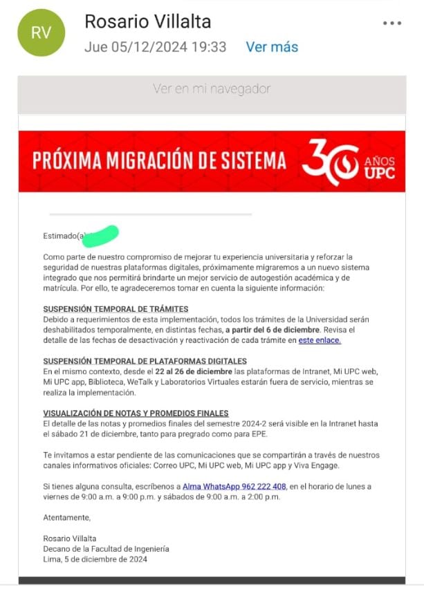 Días antes, la universidad habría comunicado la migración de todos sus servidores a fin de brindar un mejor servicio digital para los procesos y trámites respectivos.