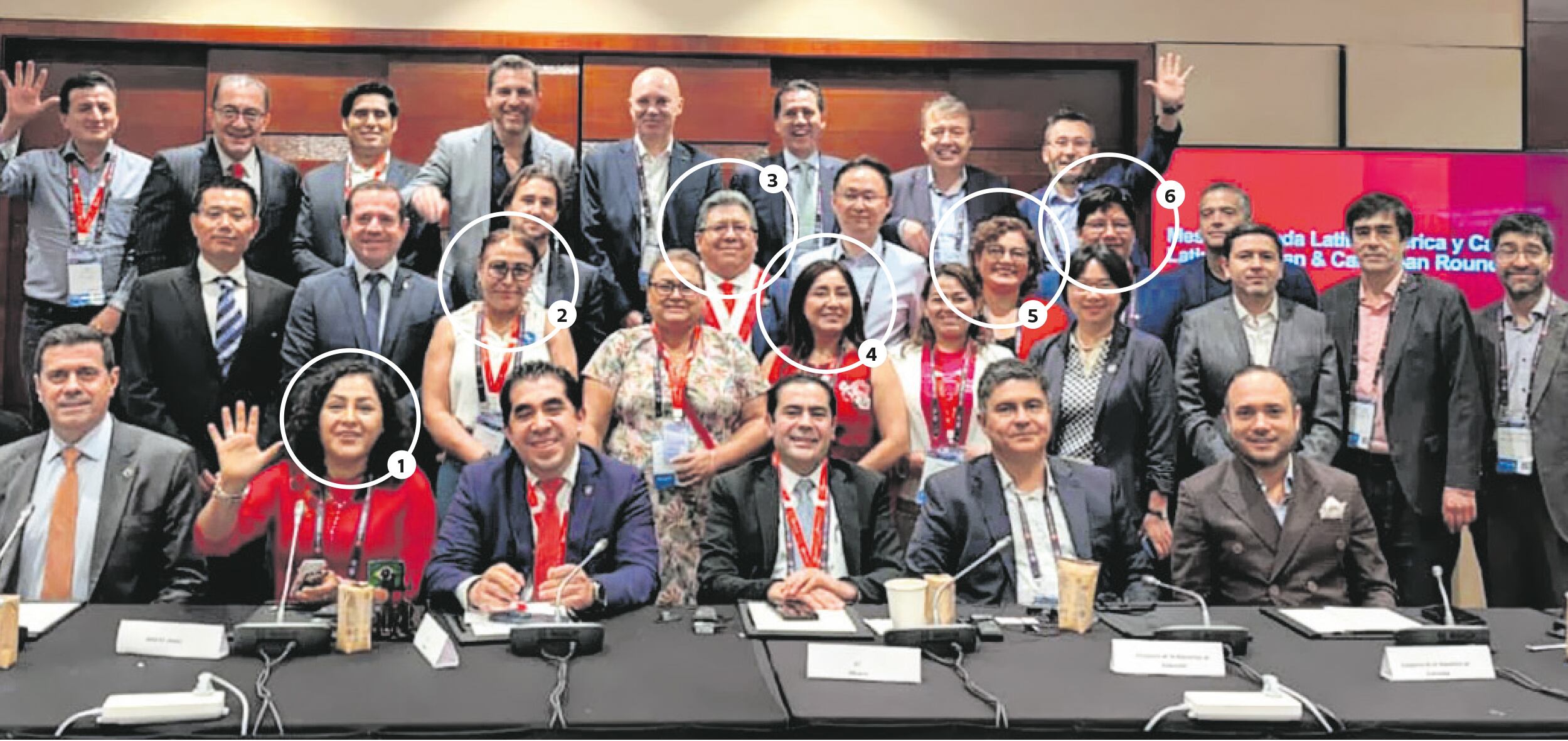 1. Karol Paredes (AP), 2. Elizabeth Medina (Bloque Magisterial), 3. Jorge Luis Flores (AP), 4. Kelly Portalatino (Perú Libre), 5. Silvia Monteza (AP) y 6. Ilich López (AP) durante evento en China.