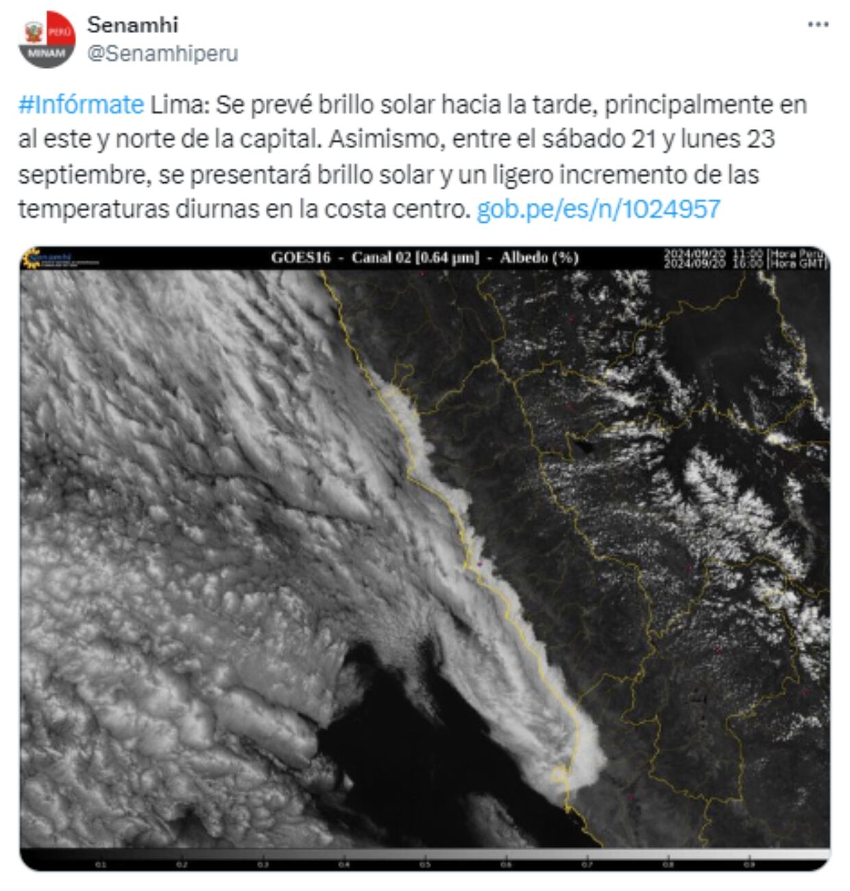 El Senamhi informó a través de sus redes sociales que se espera brillo solar y un ligero aumento en las temperaturas diurnas en la costa centro del país hasta este lunes 23 de septiembre. Foto: Senamhi