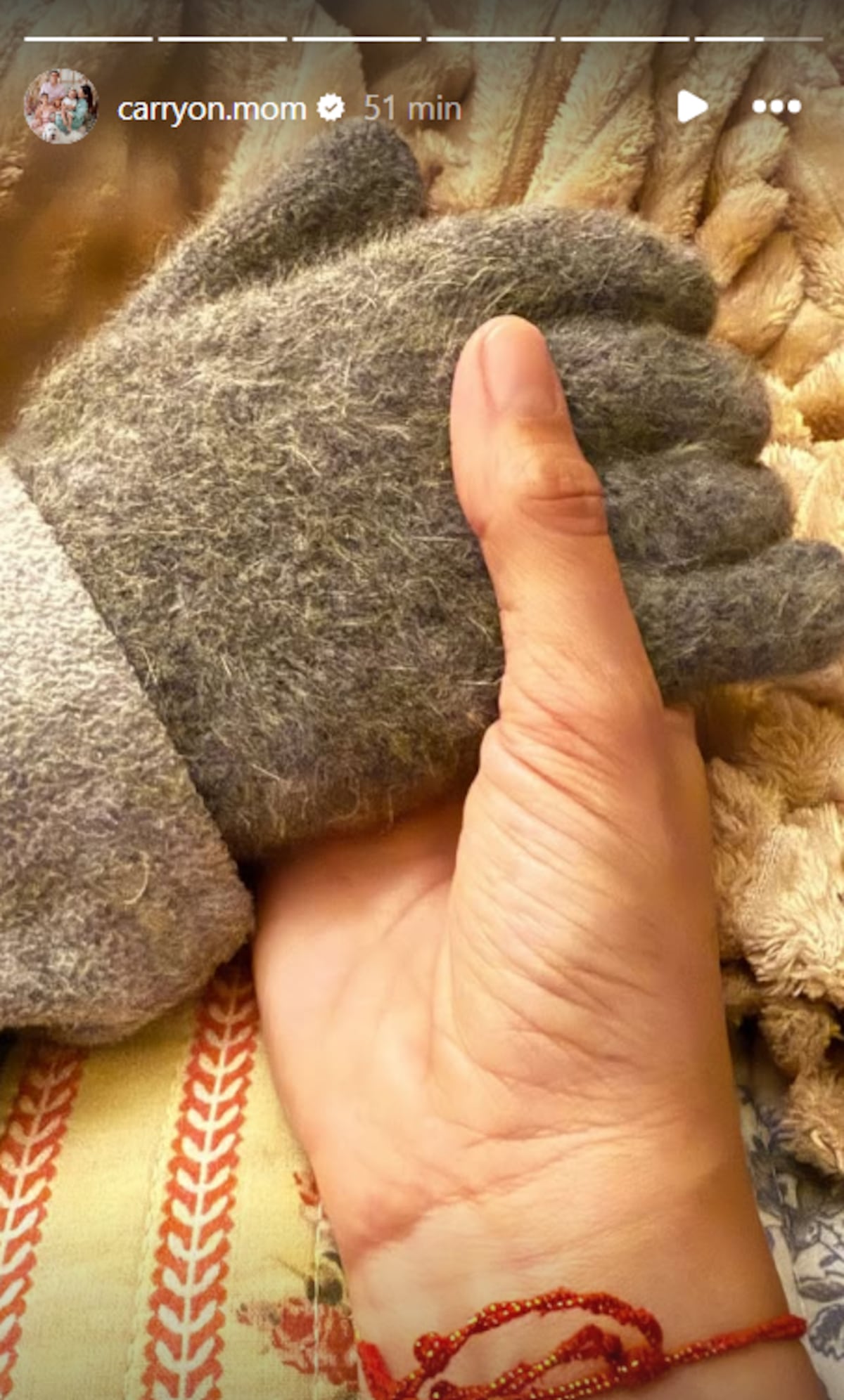 Aunque Paula no incluyó un texto en su publicación, la imagen mostraba a Negrete con guantes, siendo sujetado por la mano de su familiar . Previamente, había escrito: “Nada es para llevar, todo para vivirlo aquí” .