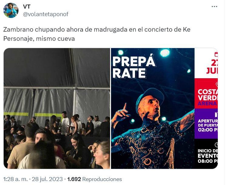 El futbolista Carlos Zambrano fue captado disfrutando del concierto de Ke Personajes. (Foto: Captura de Twitter)