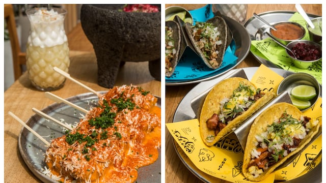 Elotes (con choclos peruanos) asados al estilo callejero, con mayonesa de chipotle, queso andino y polvo de chile ahumado. Derecha: tacos al pastor, cocinados en el trompo al fuego vivo con adobo de chiles (ajíes) peruanos secos.