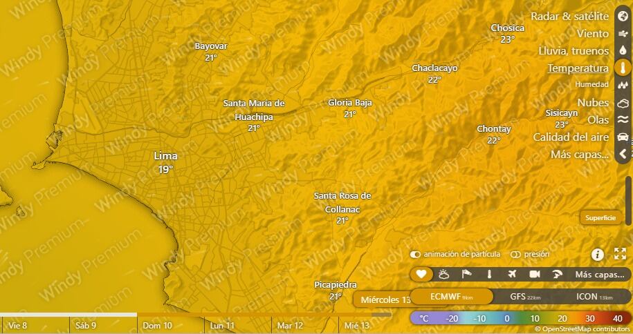 De acuerdo a lo conversado con el especialista, durante los próximos días se podría presentar una temperatura promedio de 19 °C en Lima. Foto: Windy.