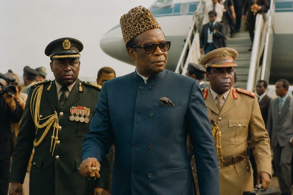 Mobutu Sese Seko abandona Zaire tras más de tres décadas en el poder, escoltado por militares mientras se dirige hacia un avión presidencial. Foto: Imagen generada por IA ChatGPT