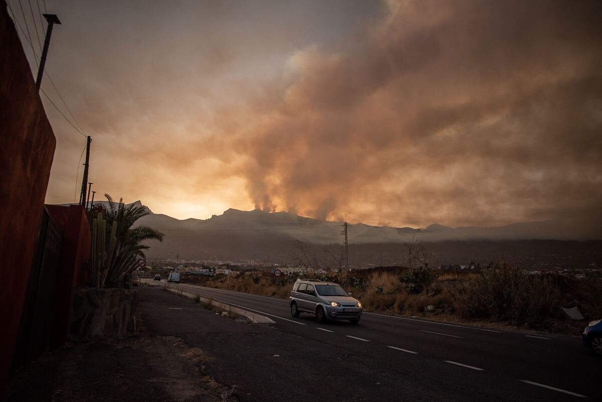 Columnas de humo se elevan de un incendio forestal en una zona boscosa del valle de Guimar en la Islas Canarias de Tenerife, España, el 16 de agosto de 2023. (Foto de DESIREE MARTIN / AFP)