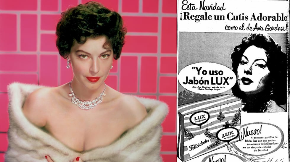 Magnética presencia, ojos esmeraldas y felina insolencia. Ella es Ava Gardner. A la izquierda, en una de las tantas (miles) de fotografías que se le hicieron en vida. A la derecha, la actriz en una publicidad de jabón de tocador publicada en El Comercio en marco de su visita al país.