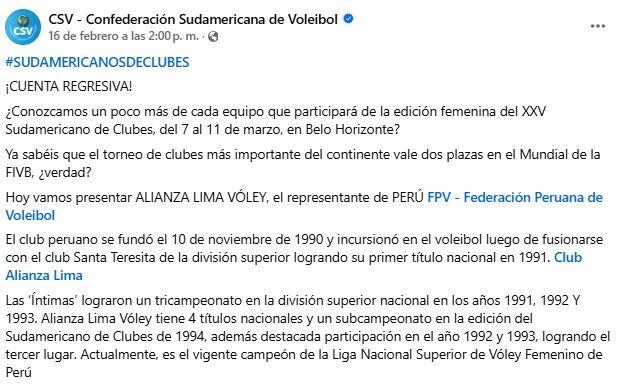 Presentación de Alianza por parte de la Confederación Sudamericana de Vóley