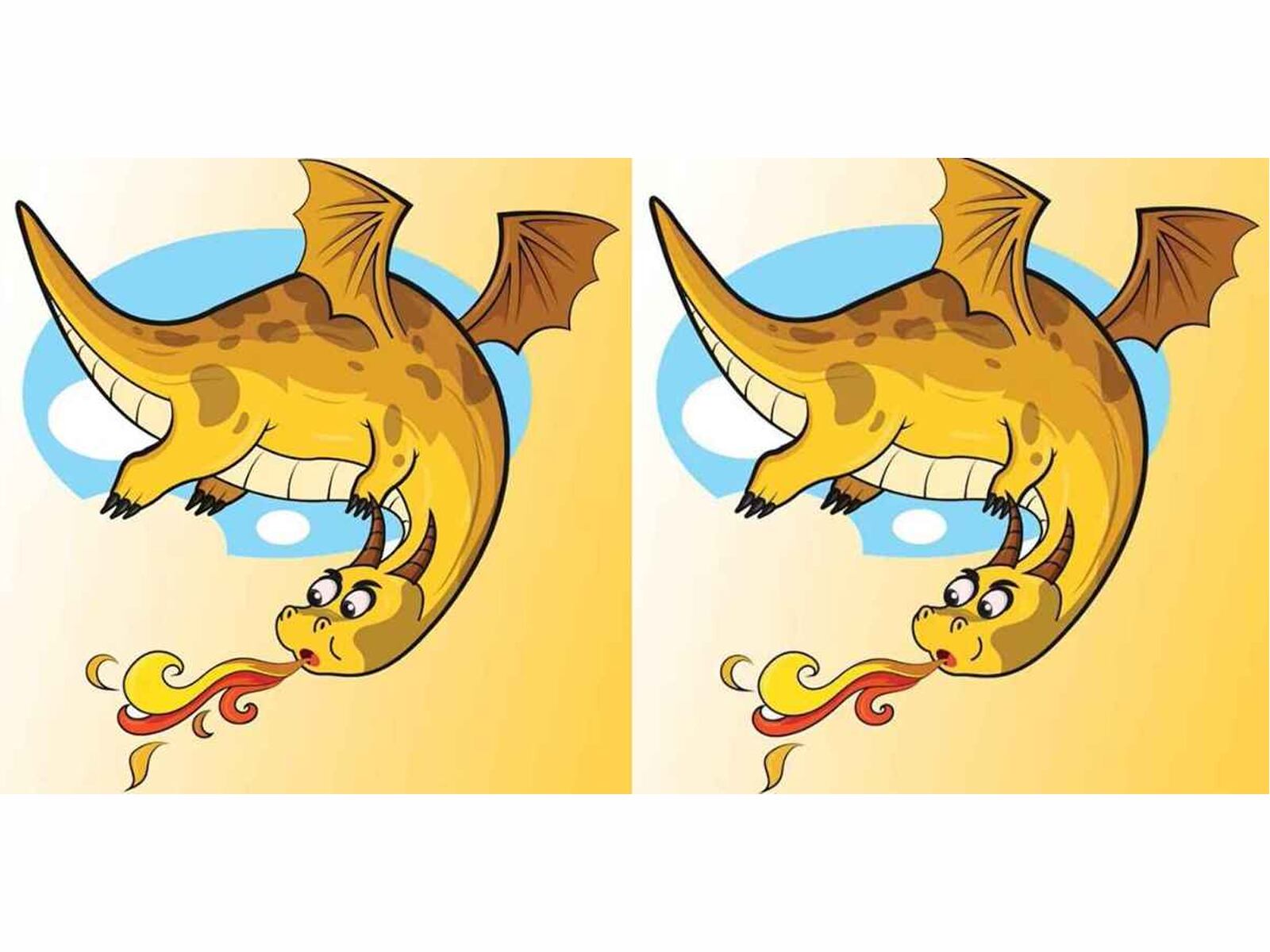Observa atentamente las dos imágenes del dragón que escupe fuego y busca las 3 pequeñas diferencias que se han escondido entre los detalles.