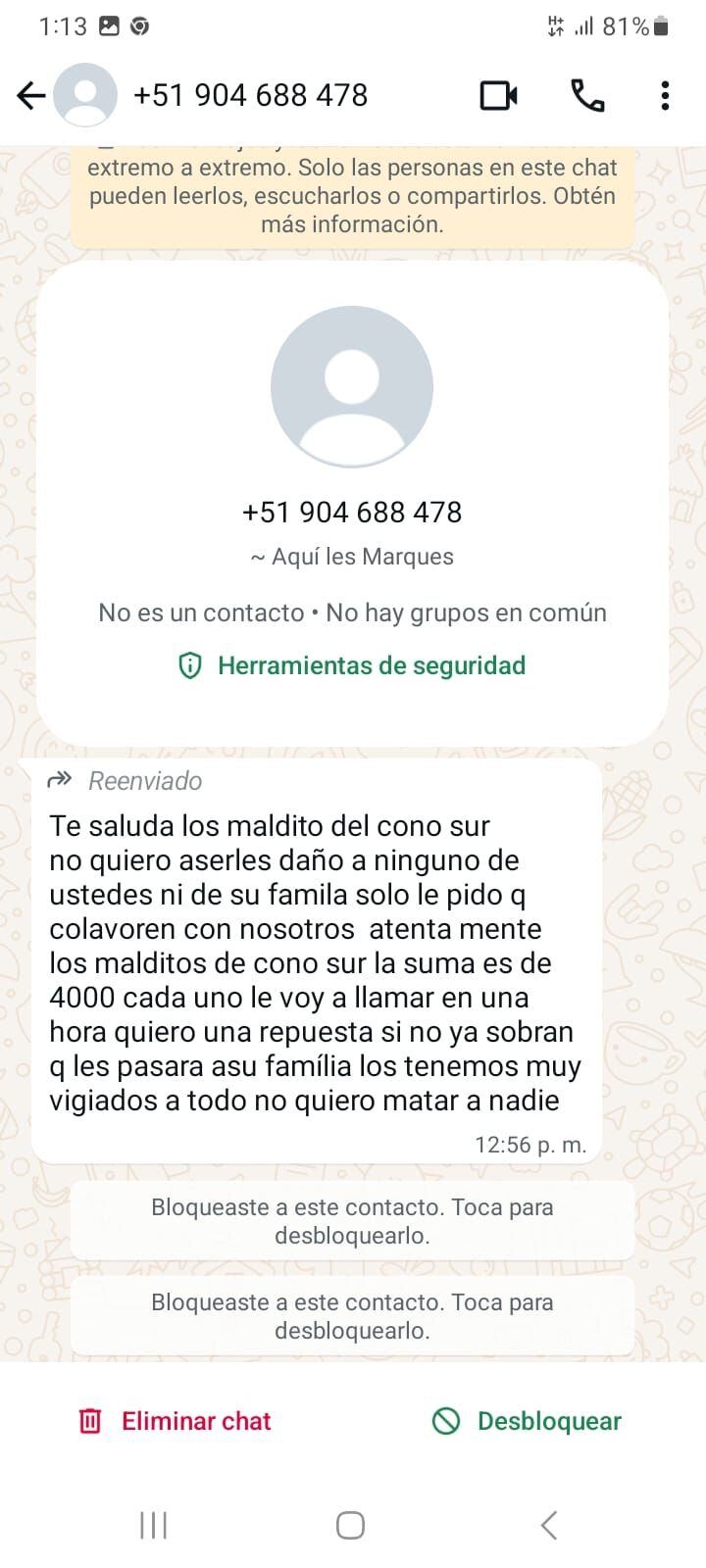 Primer mensaje extorsivo.