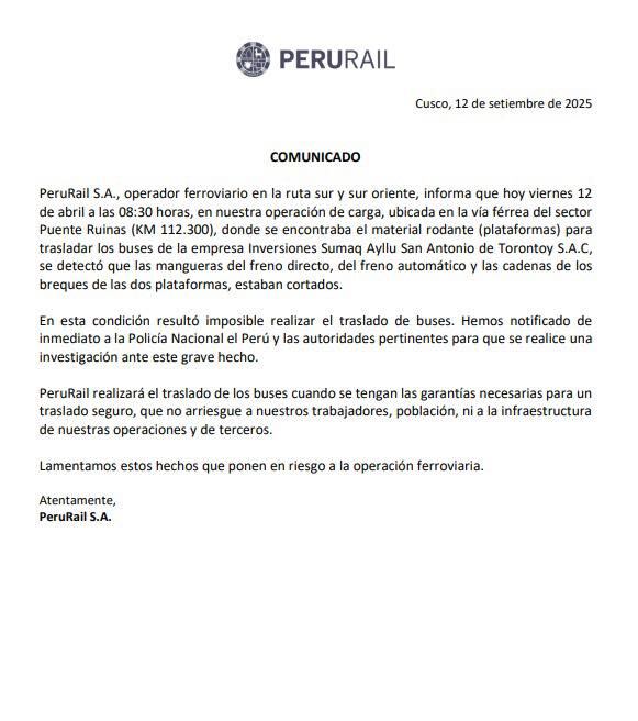 Comunicado de Peru Rail
