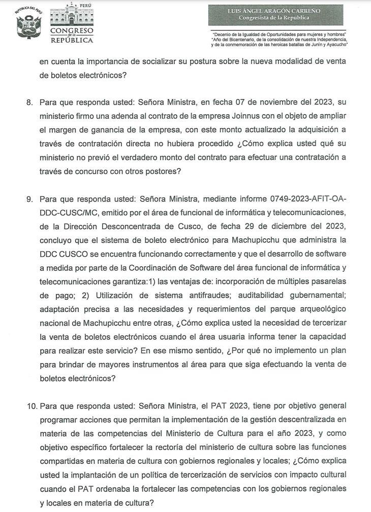 Interpelación de Luis Aragón y otros contra Leslie Urteaga.