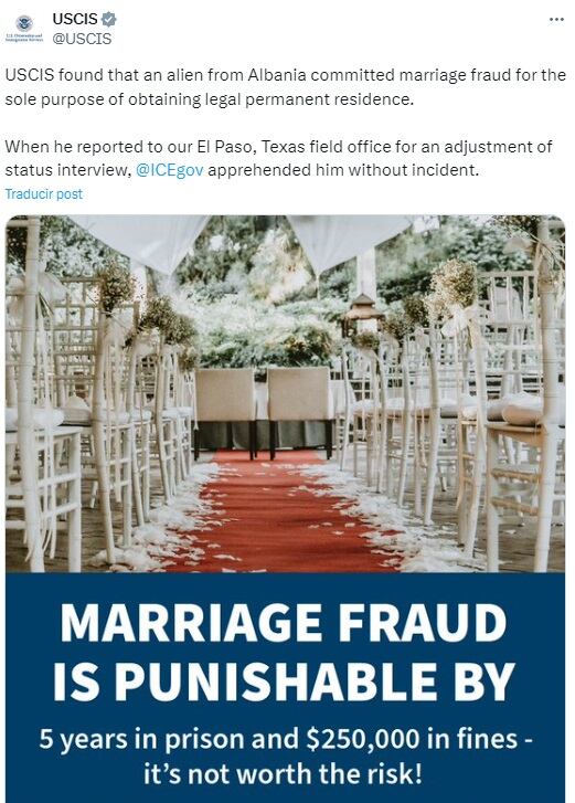 Las autoridades lo acusaron de intentar cometer un fraude matrimonial para obtener la residencia legal en Estados Unidos. (Foto: @USCIS / X)