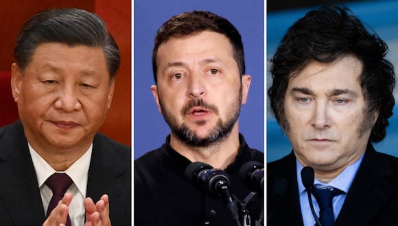 Los presidentes de China, Ucrania y Argentina; Xi Jinping, Volodymyr Zelensky y Javier Milei, respectivamente. (Fotos de Noel CELIS / Ludovic MARIN  / Tomas CUESTA  / AFP)
