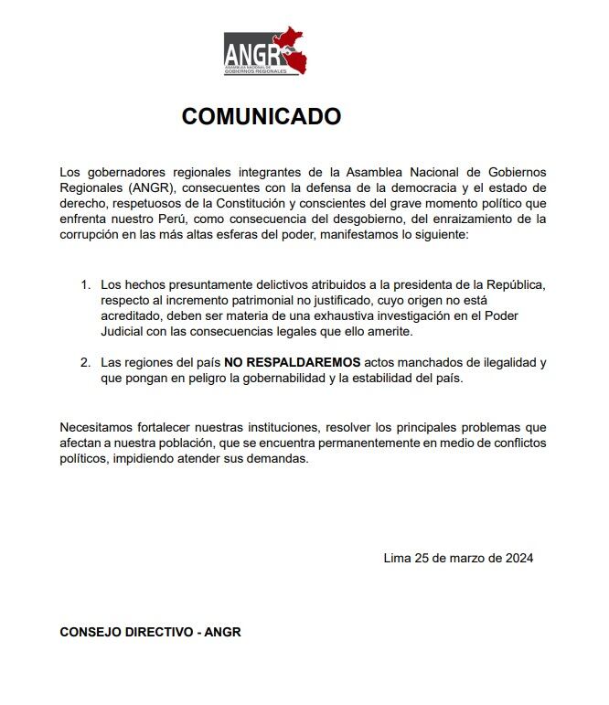 Comunicado del Consejo Directivo de la Asamblea Nacional de Gobiernos Regionales (ANGR). (Foto: ANGR)
