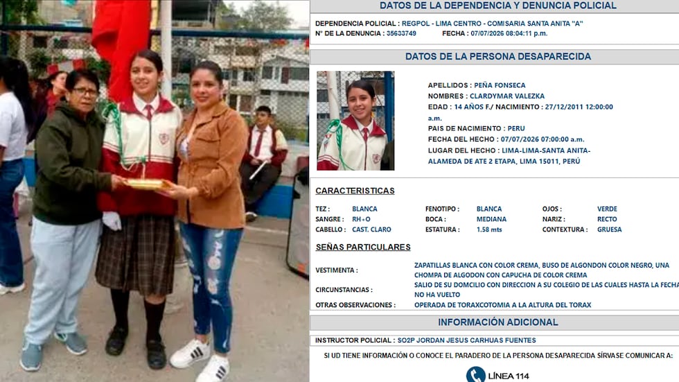 De acuerdo con las primeras indagaciones policiales, la adolescente salió de su casa vistiendo una chompa de algodón con capucha de color crema, buzo de algodón de tono negro y zapatillas blanca con matiz crema. Foto: PNP/composición GEC
