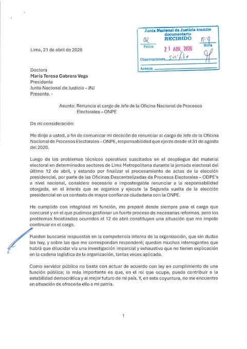 Carta de renuncia de Piero Corvetto