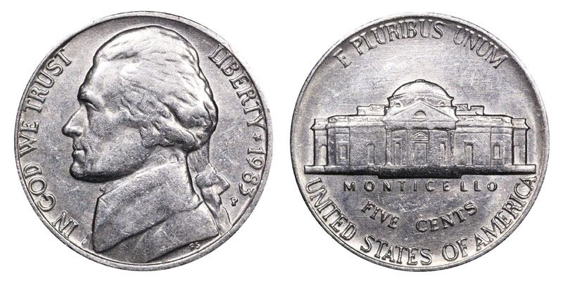 La moneda de 5 centavos de 1983 tiene como figura principal el retrato de Thomas Jefferson, así como su finca en Monticello (Foto: USA Coin Book)