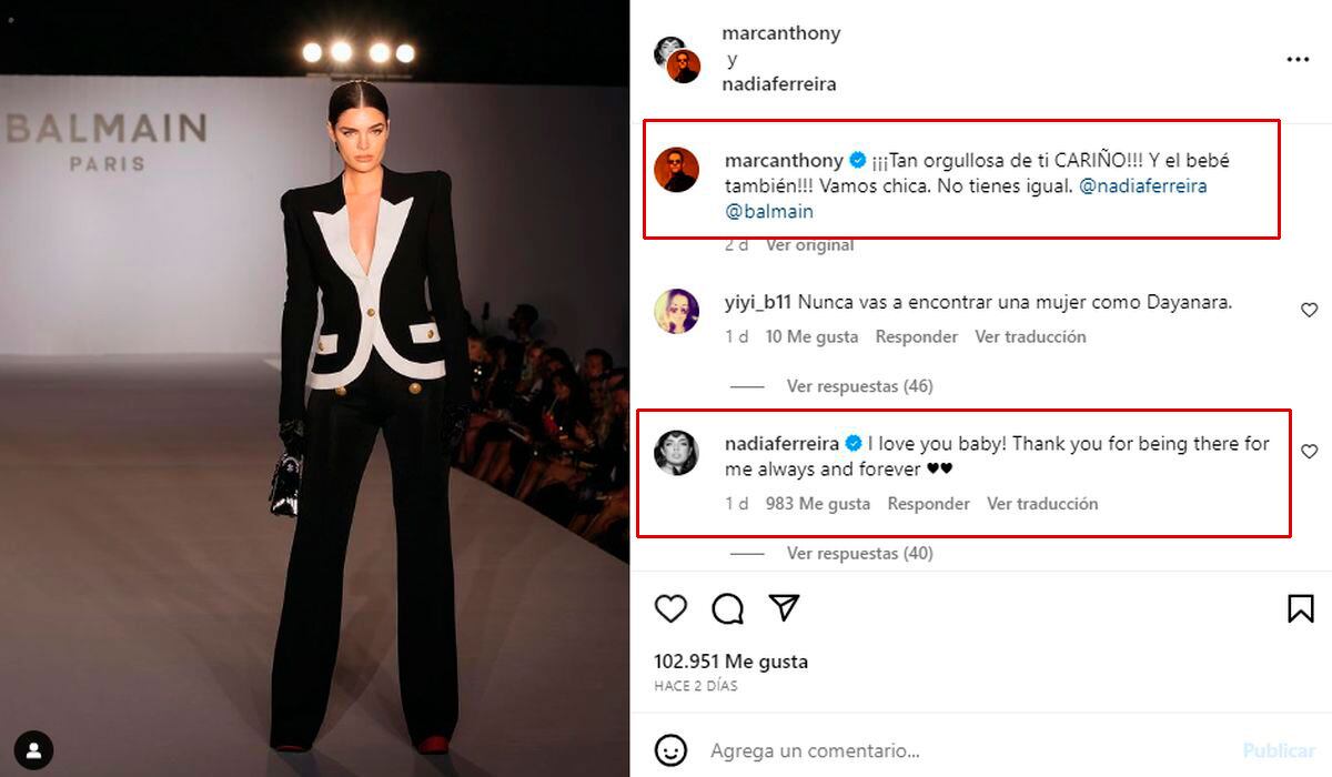 Los mensajes que se escribieron el cantante y Nadia Ferreira tras su paso por la pasarela (Foto: Marc Anthony / Instagram)