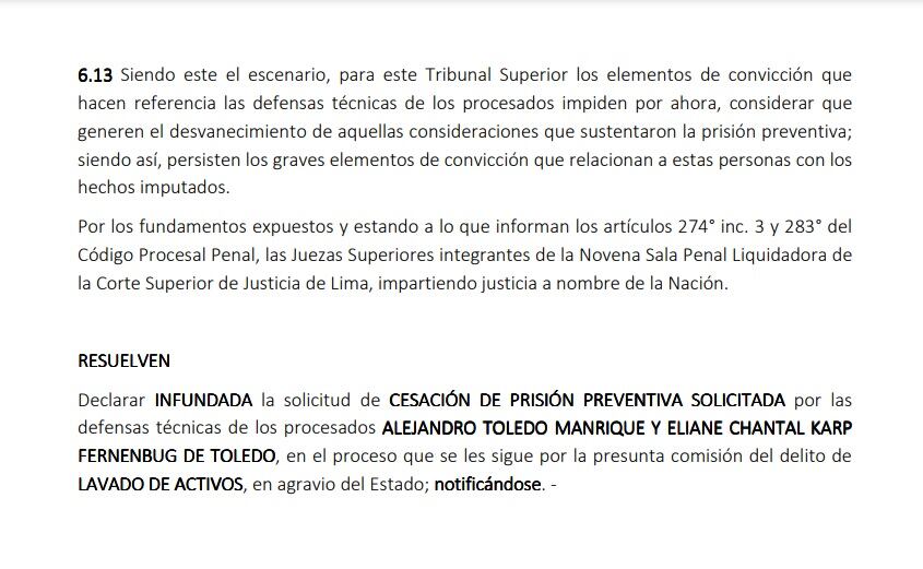 Resolución del Poder Judicial sobre prisión preventiva contra Alejandro Toledo y Eliane Karp. (Foto: Poder Judicial)
