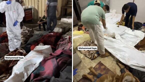 Personal de sanidad y ciudadanos colocan los cuerpos de palestinos muertos tras un ataque de Ejército israelí a un colegio de la UNRWA en Nuseirat, Gaza, el 6 de junio de 2024. (Capturas de Twitter/X @NourNaim88)