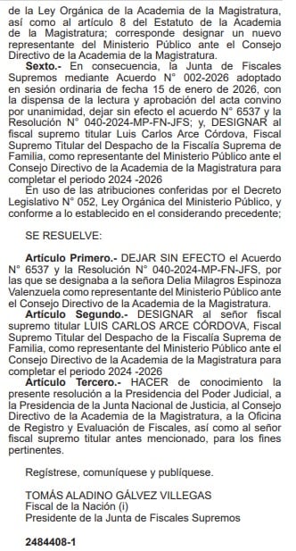 Disposición del Ministerio Público sobre Delia Espinoza. (Foto: El Peruano)