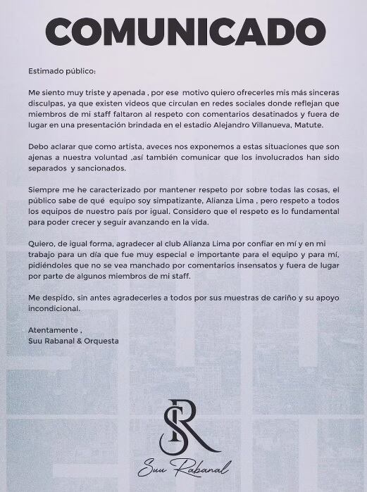 Este es el comunicado de Suu Rabanal.