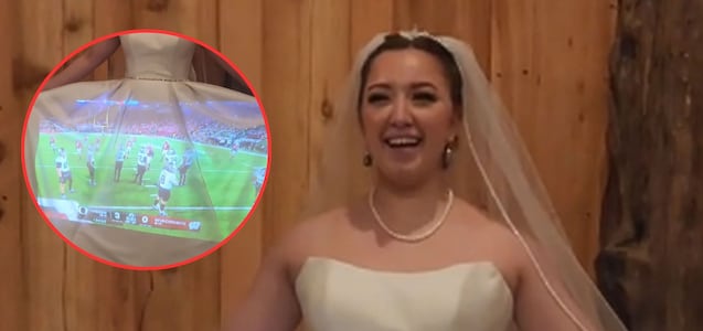 La mujer de Oregón que, en el día de su boda, proyectó un partido de fútbol americano en su vestido de novia